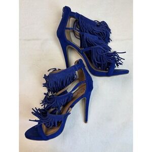 Candies Blue Strap Fringe Suede Heels Zip Back Size‎ 8 Open Toe Ultra High 5"